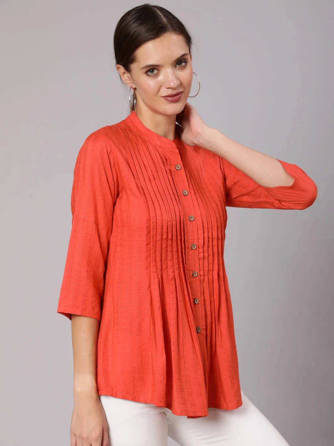 Orange Self Weave Rayon Pleated Top Mandarian Collar Shirt