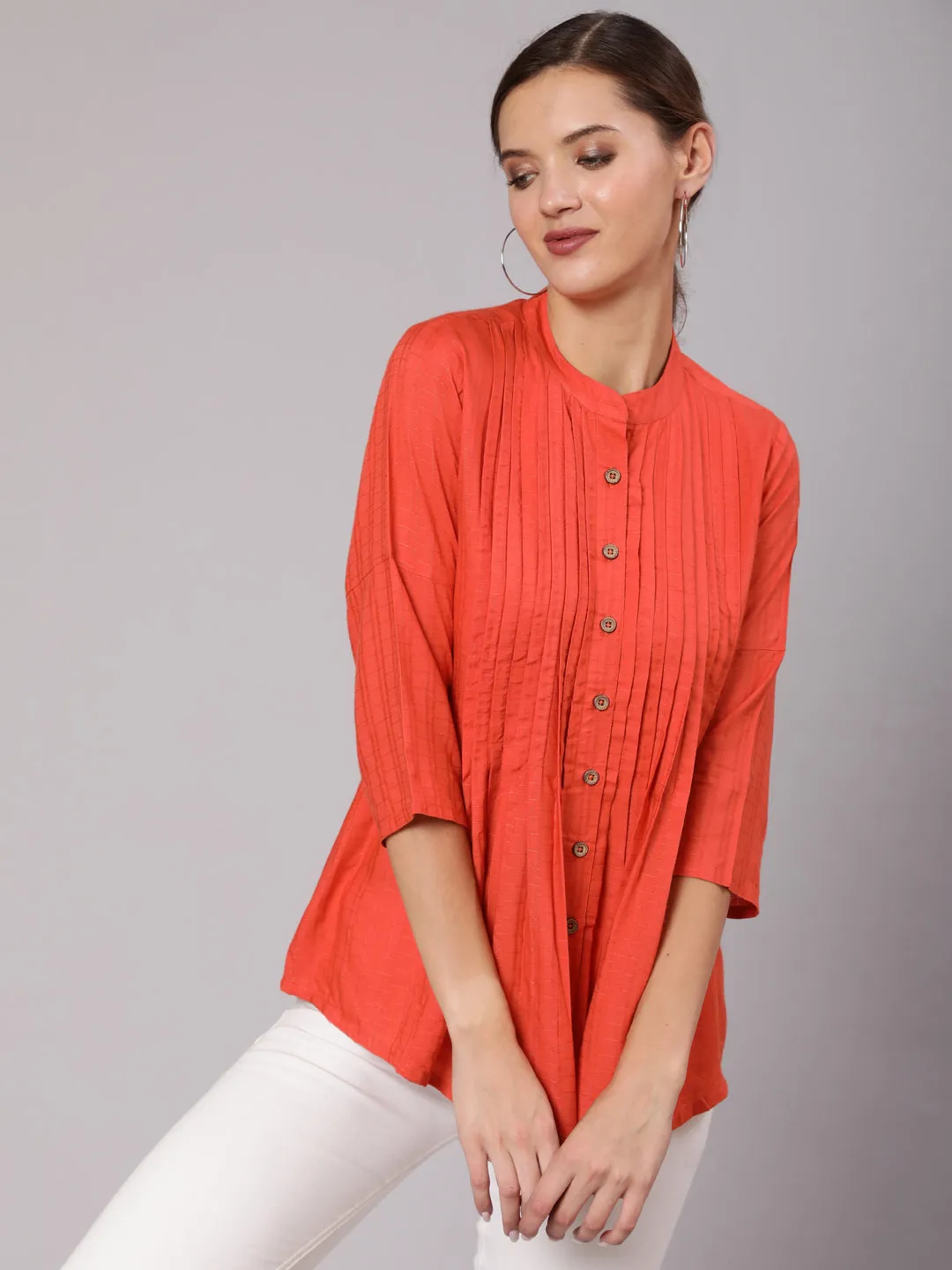 Orange Self Weave Rayon Pleated Top Mandarian Collar Shirt