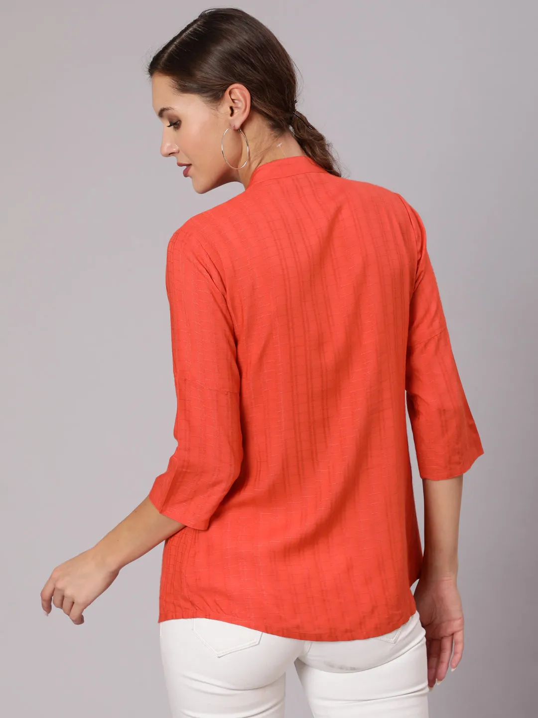 Orange Self Weave Rayon Pleated Top Mandarian Collar Shirt