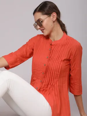 Orange Self Weave Rayon Pleated Top Mandarian Collar Shirt