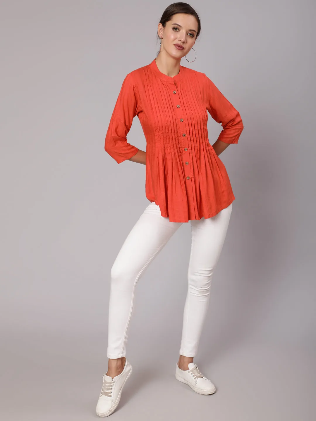 Orange Self Weave Rayon Pleated Top Mandarian Collar Shirt
