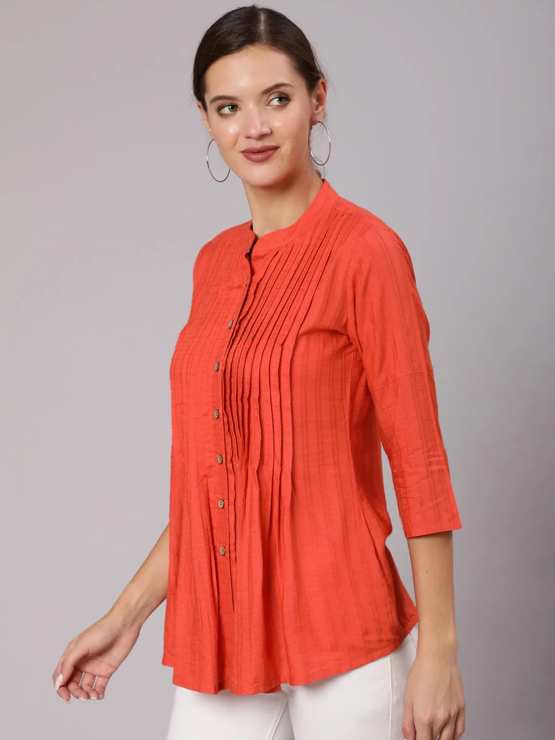 Orange Self Weave Rayon Pleated Top Mandarian Collar Shirt