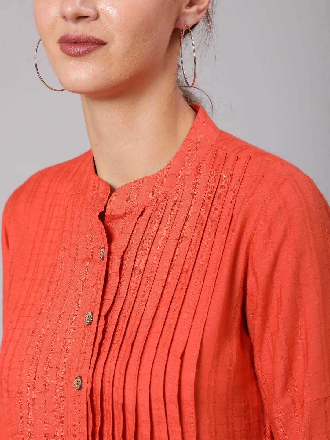 Orange Self Weave Rayon Pleated Top Mandarian Collar Shirt