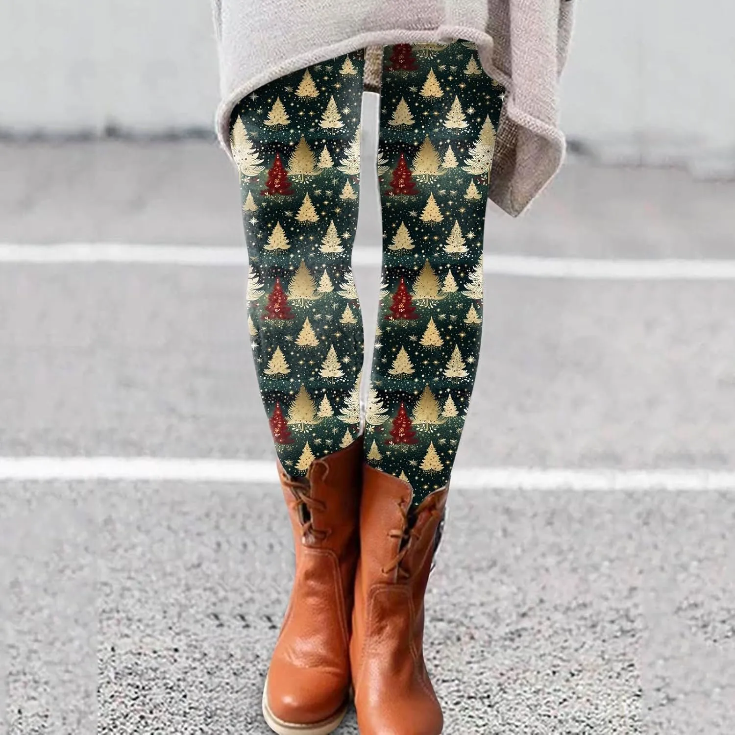 Plus Size Leggings Length Fashion Soft Daily Vacation Deep Green Gray Green All Seasons Warm Leggings for Women