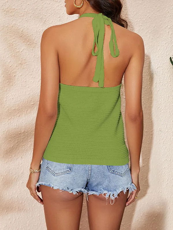 Printed Skinny Halter-Neck Knitwear Vest Top