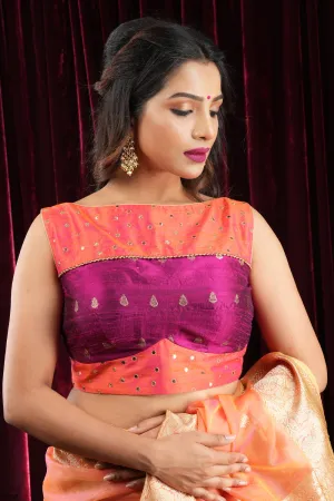 Pure Raw Silk Blouse with mirror disk Yoke and Tie back in Kesari Orange and Plum