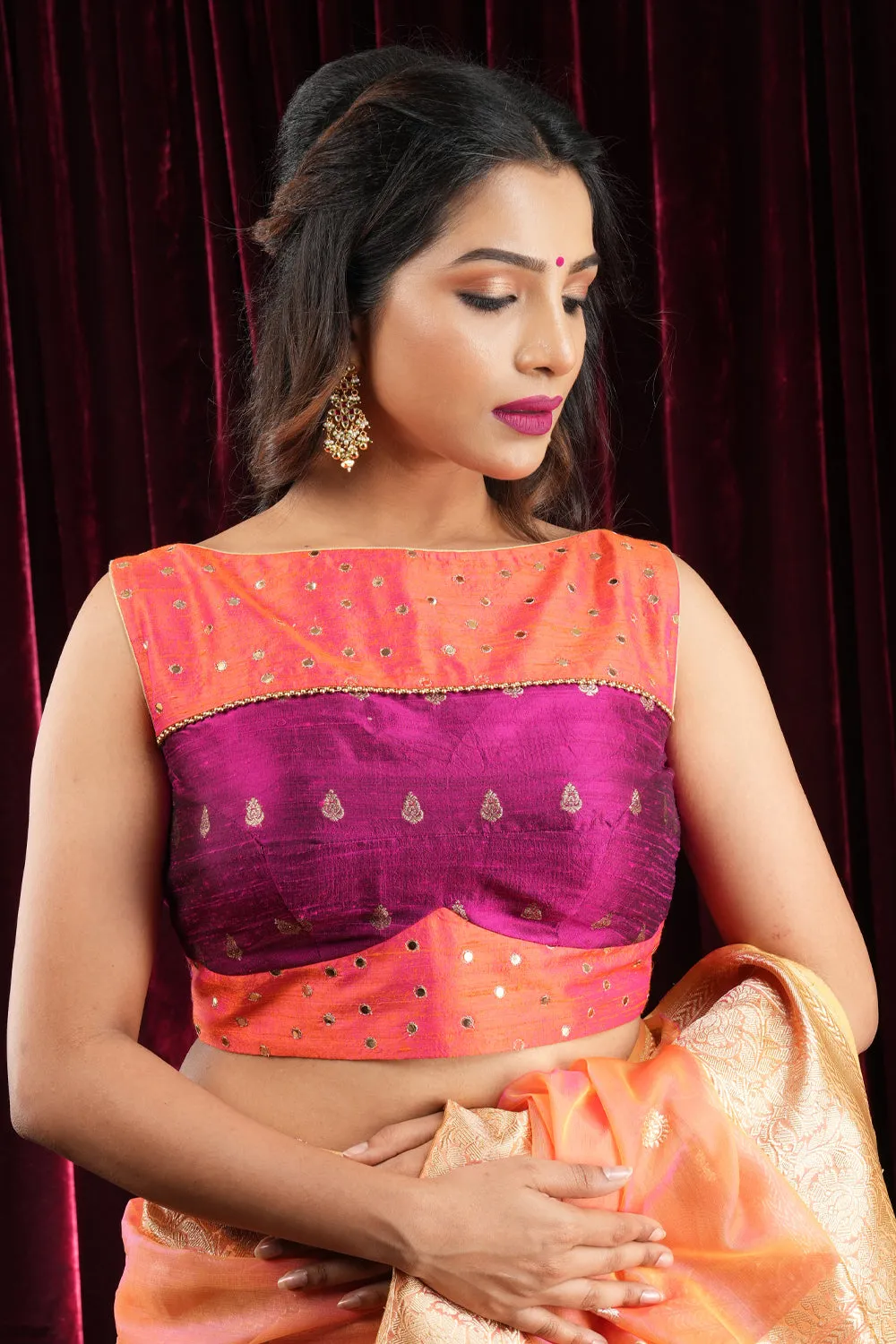 Pure Raw Silk Blouse with mirror disk Yoke and Tie back in Kesari Orange and Plum