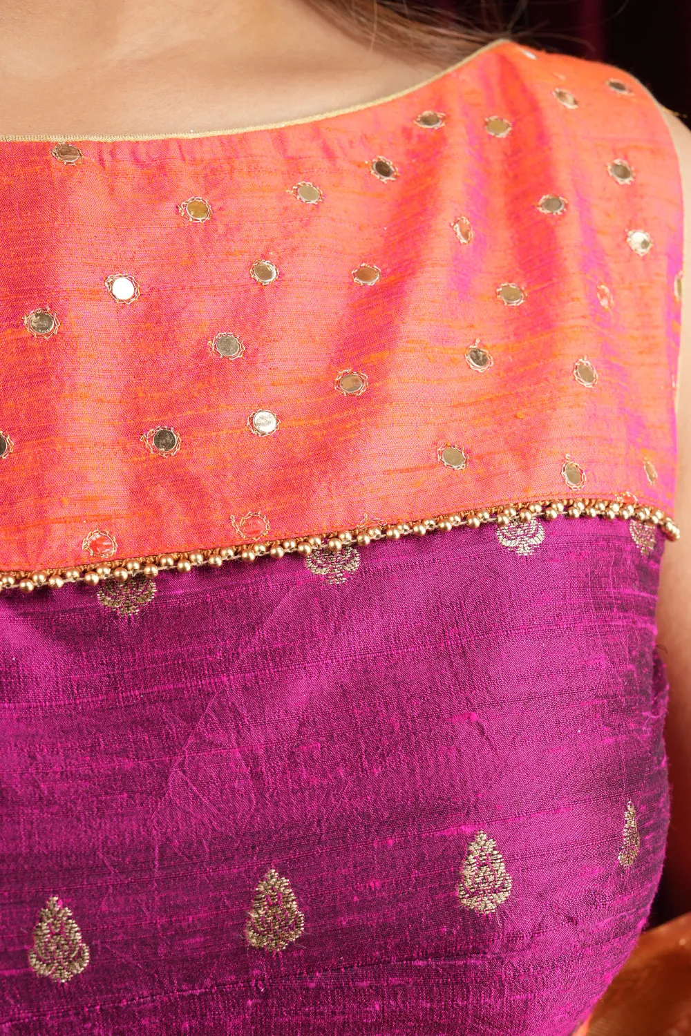Pure Raw Silk Blouse with mirror disk Yoke and Tie back in Kesari Orange and Plum