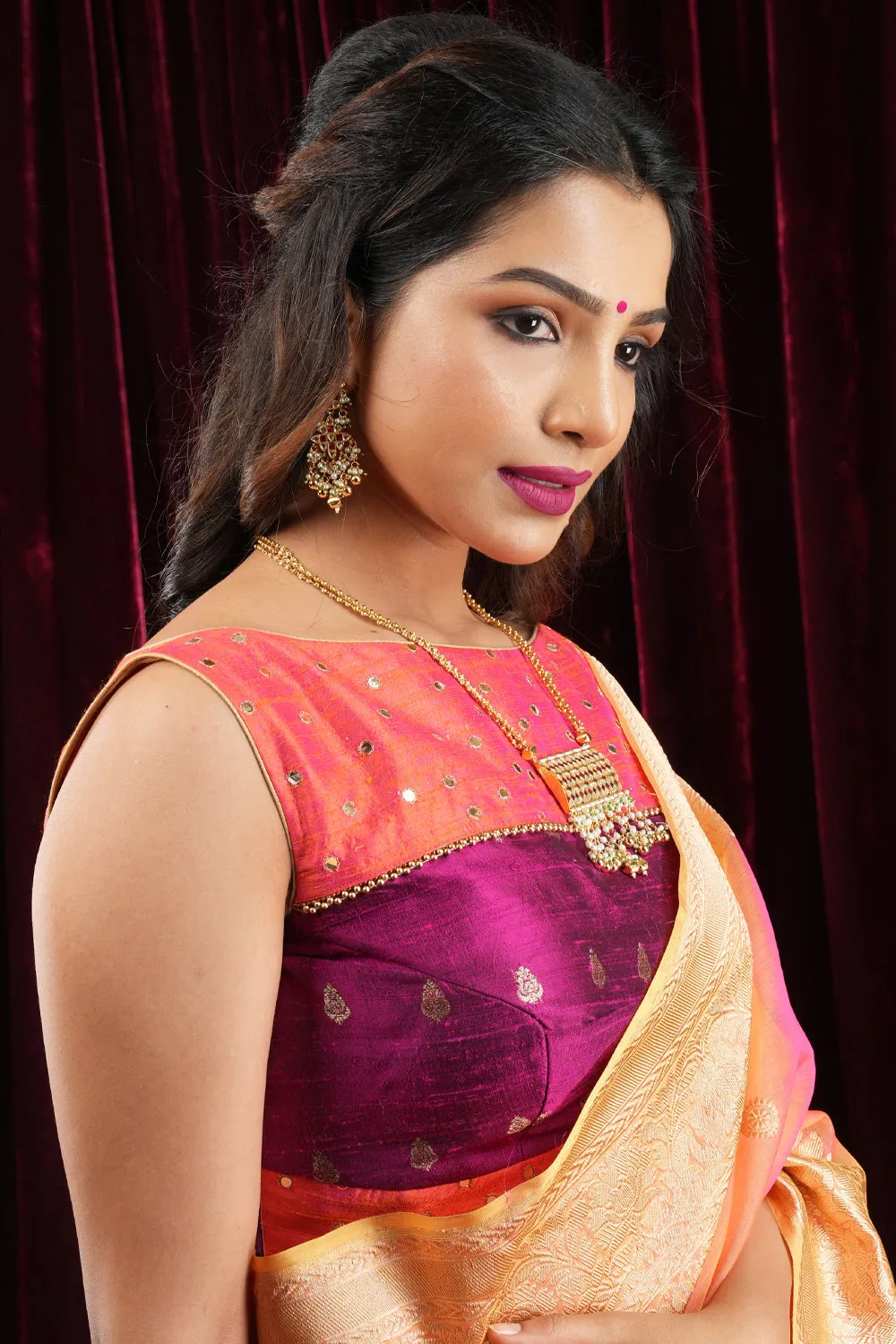 Pure Raw Silk Blouse with mirror disk Yoke and Tie back in Kesari Orange and Plum
