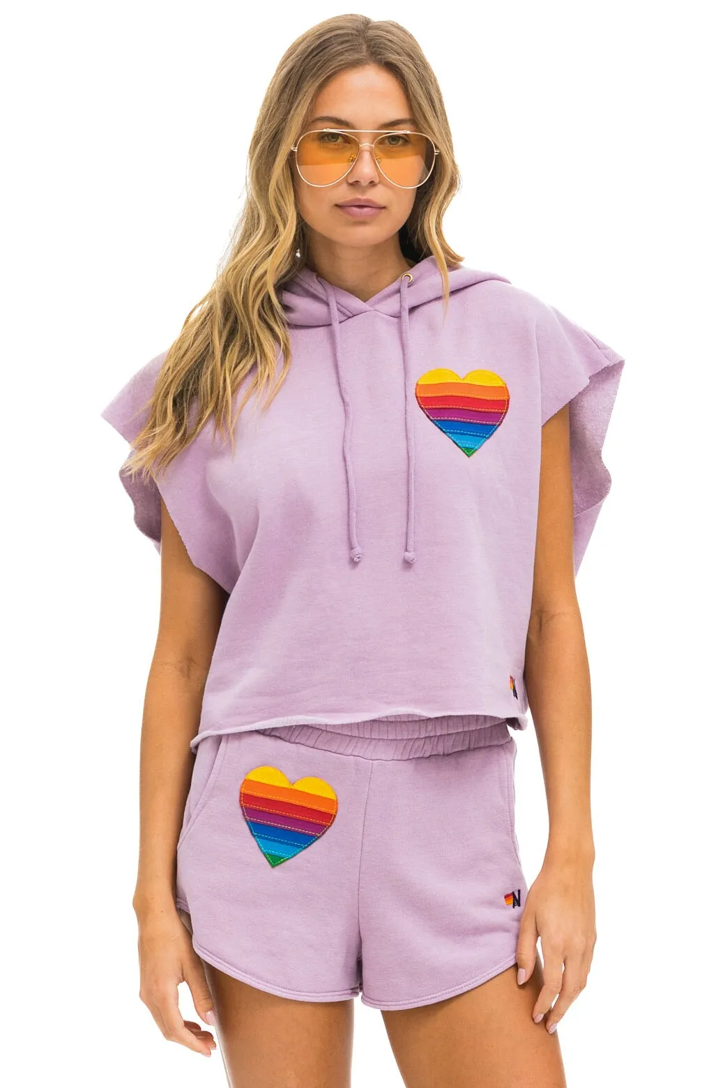 RAINBOW HEART STITCH SLEEVELESS RELAXED CROPPED PULLOVER HOODIE - MAUVE