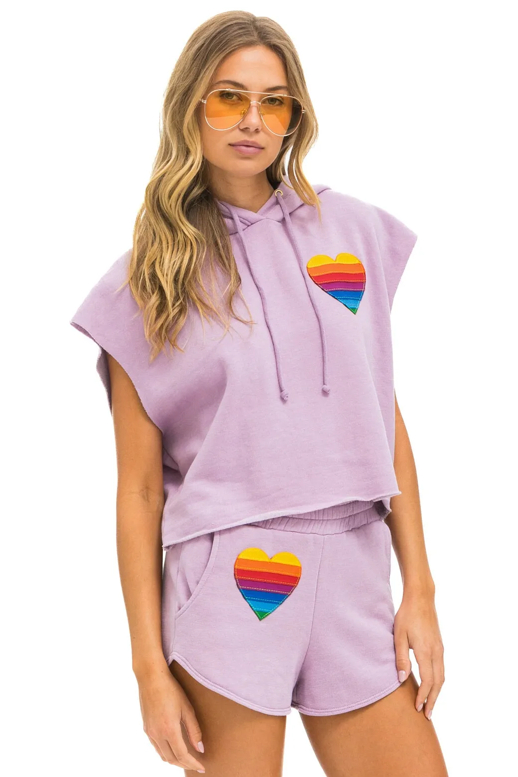 RAINBOW HEART STITCH SLEEVELESS RELAXED CROPPED PULLOVER HOODIE - MAUVE