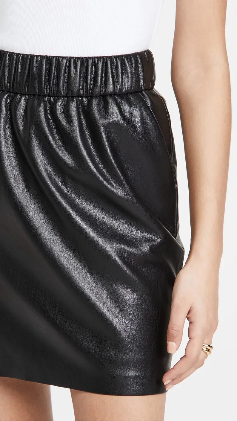 Real Leather Elastic Waist Mini Skirt