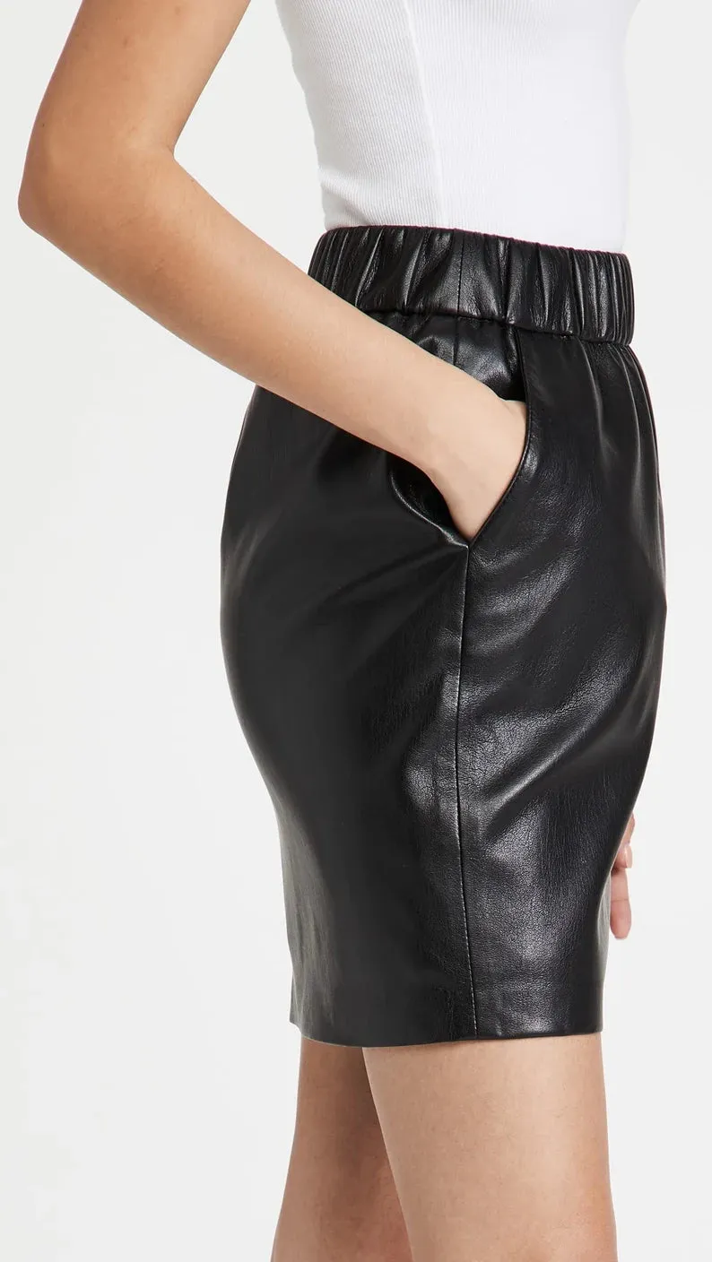 Real Leather Elastic Waist Mini Skirt