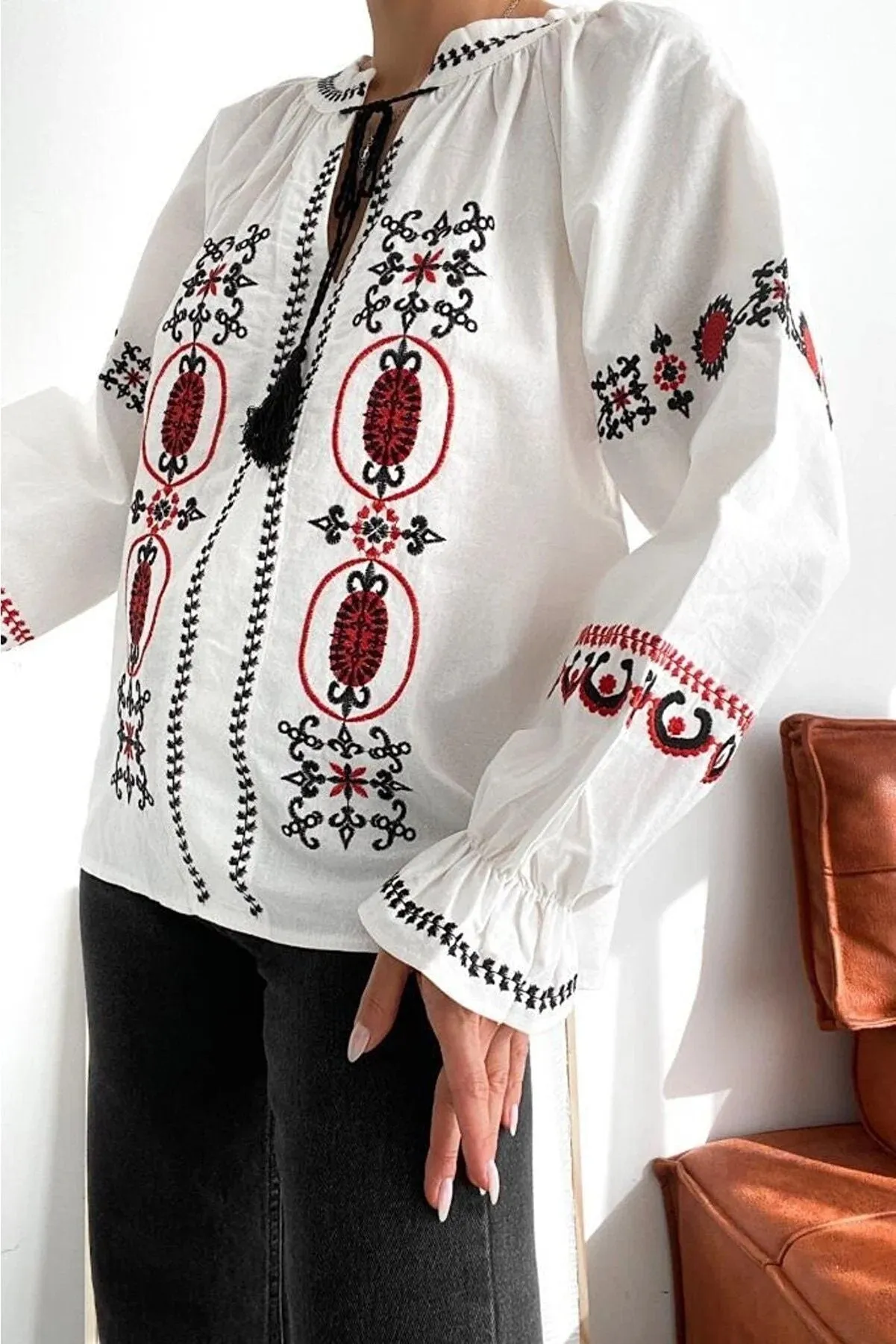 Red Black Embroidered White Ethnic Blouse