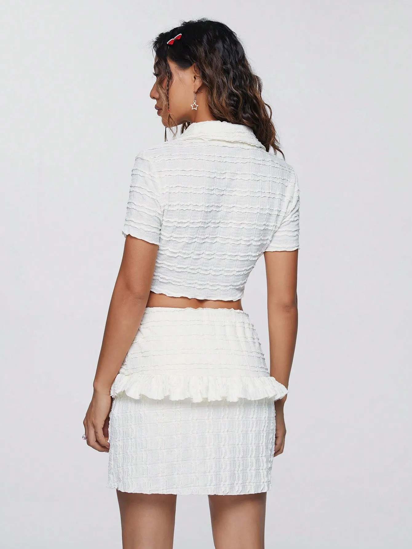 Solid Textured Knit Crop Top And Skirt Set SS24