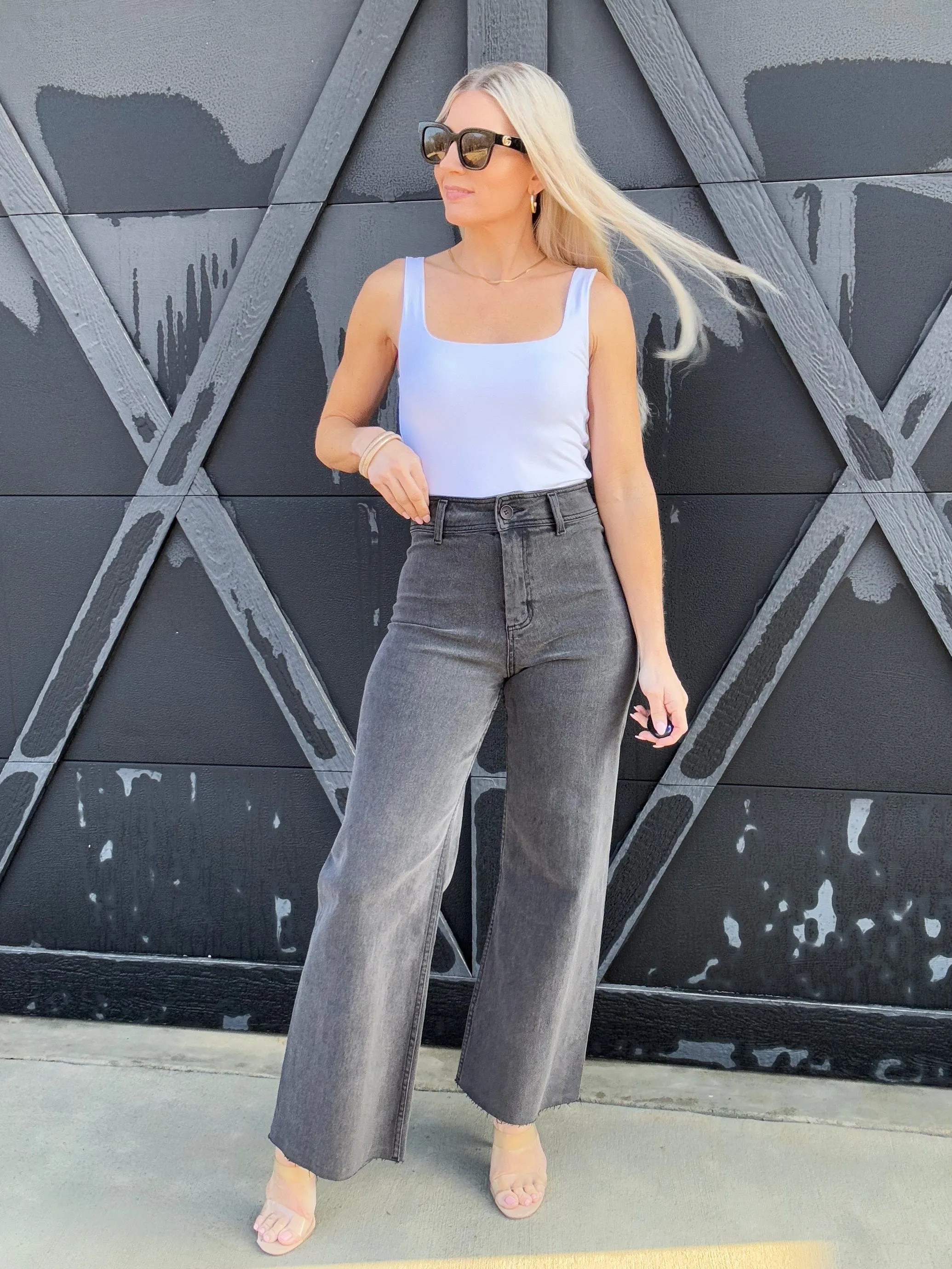Straight Wide Leg Denim Pants In Washed Black
