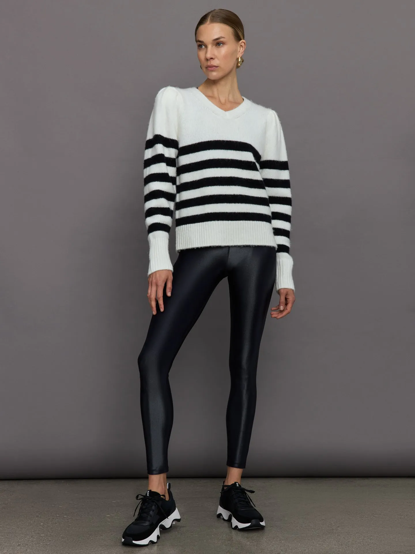 Striped Puff Sleeve Sweater - Cream/ Black