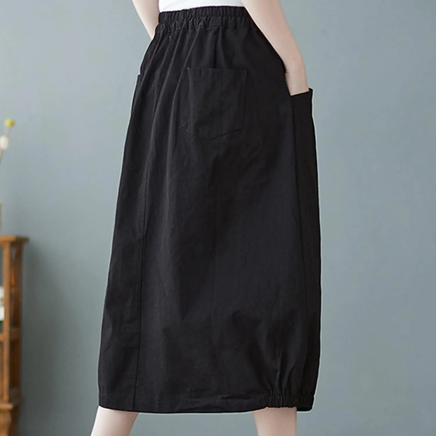 Summer Cotton Linen Bubble Skirt for Women Elastic Waist Midi A-Line Skirts Casual Baggy Parachute Skirt with Pocket