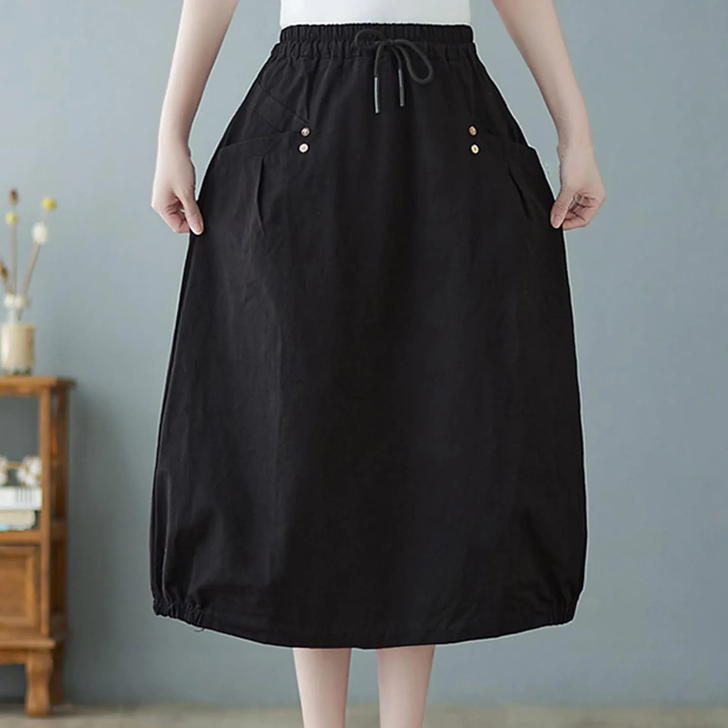 Summer Cotton Linen Bubble Skirt for Women Elastic Waist Midi A-Line Skirts Casual Baggy Parachute Skirt with Pocket