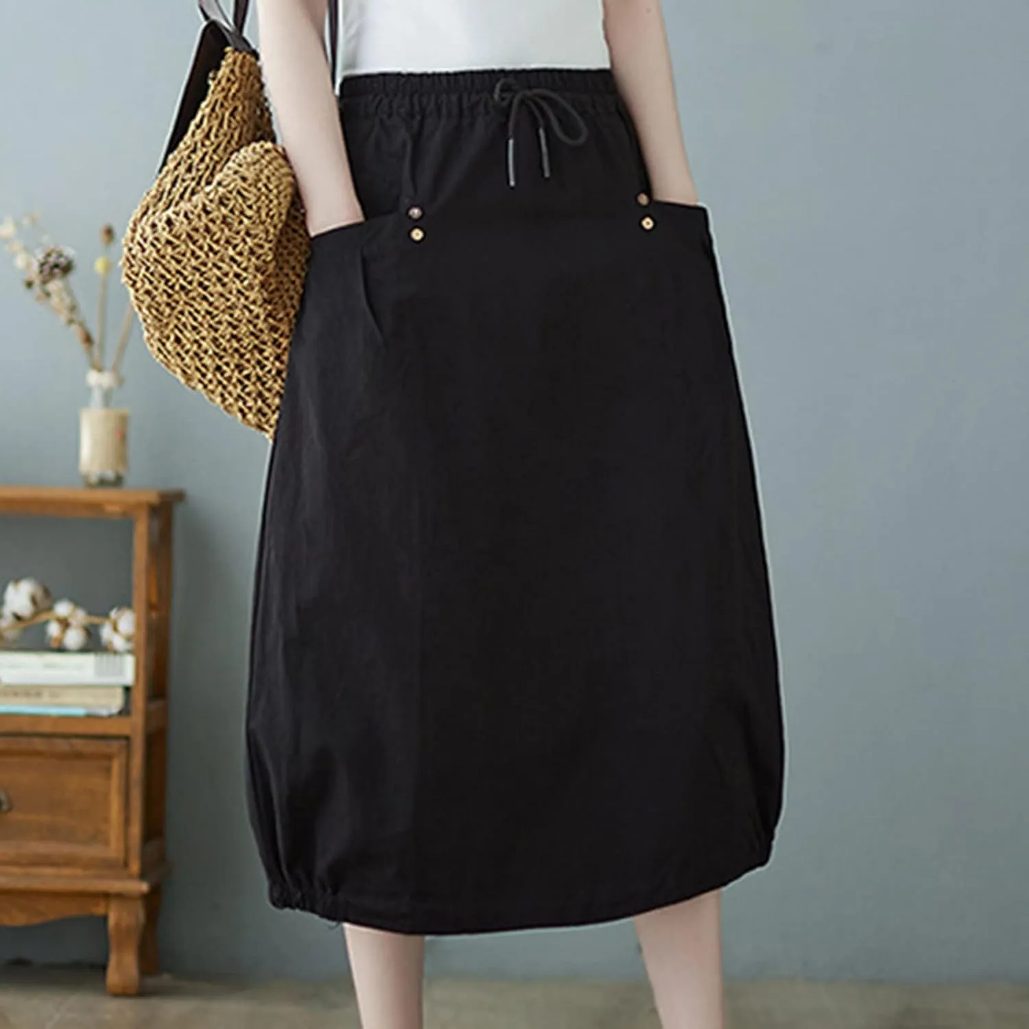 Summer Cotton Linen Bubble Skirt for Women Elastic Waist Midi A-Line Skirts Casual Baggy Parachute Skirt with Pocket