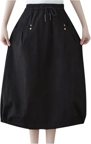 Summer Cotton Linen Bubble Skirt for Women Elastic Waist Midi A-Line Skirts Casual Baggy Parachute Skirt with Pocket