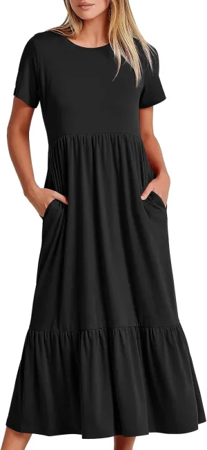 Summer Dresses for Women 2025 Short Sleeve Crewneck Dress with Pockets Ruffle Hem Dress Flowy Tiered Maxi Beach Dress