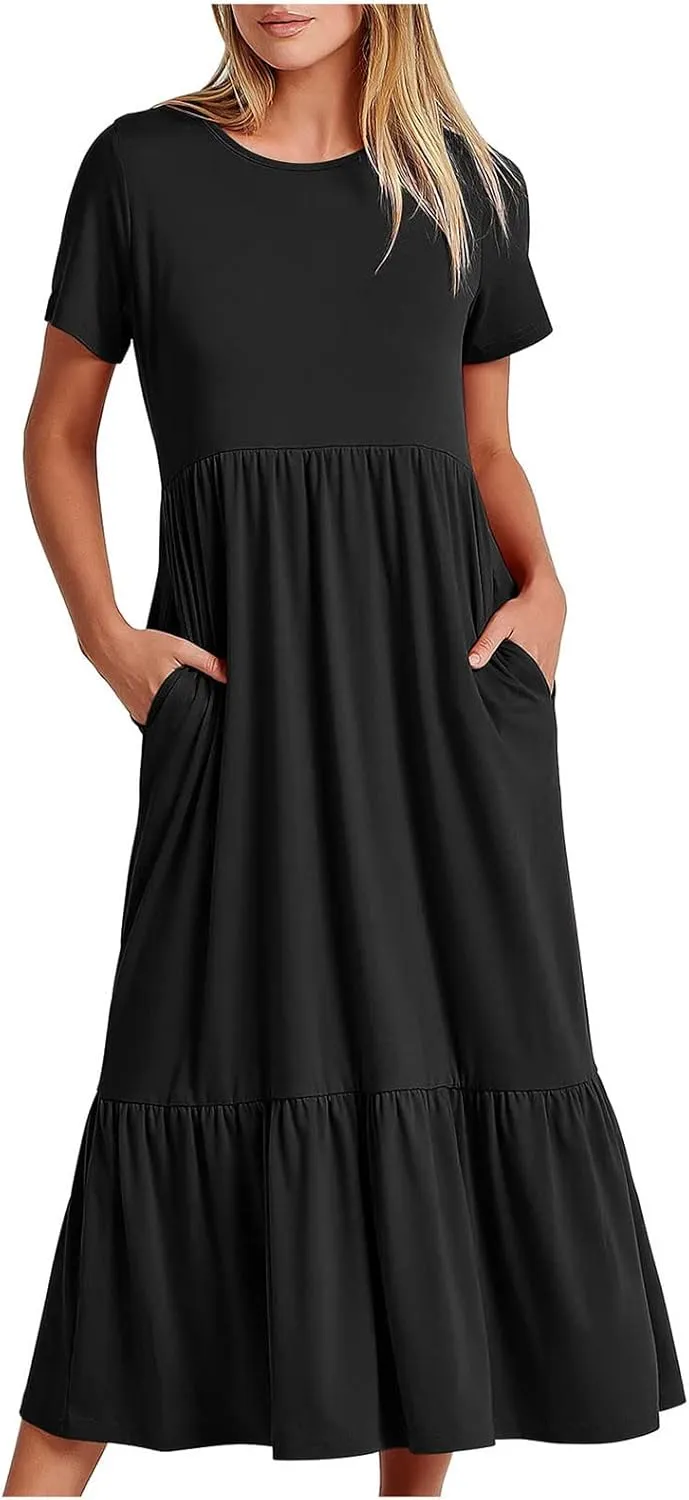Summer Dresses for Women 2025 Short Sleeve Crewneck Dress with Pockets Ruffle Hem Dress Flowy Tiered Maxi Beach Dress