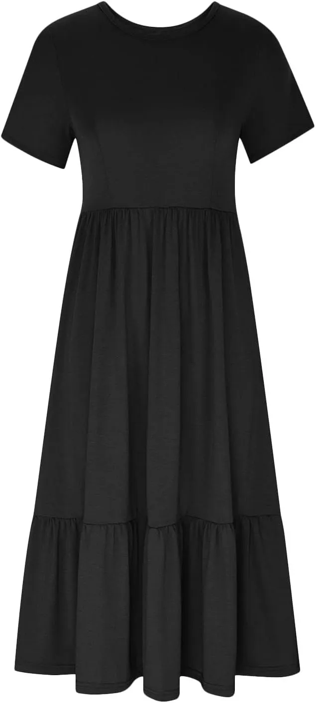 Summer Dresses for Women 2025 Short Sleeve Crewneck Dress with Pockets Ruffle Hem Dress Flowy Tiered Maxi Beach Dress
