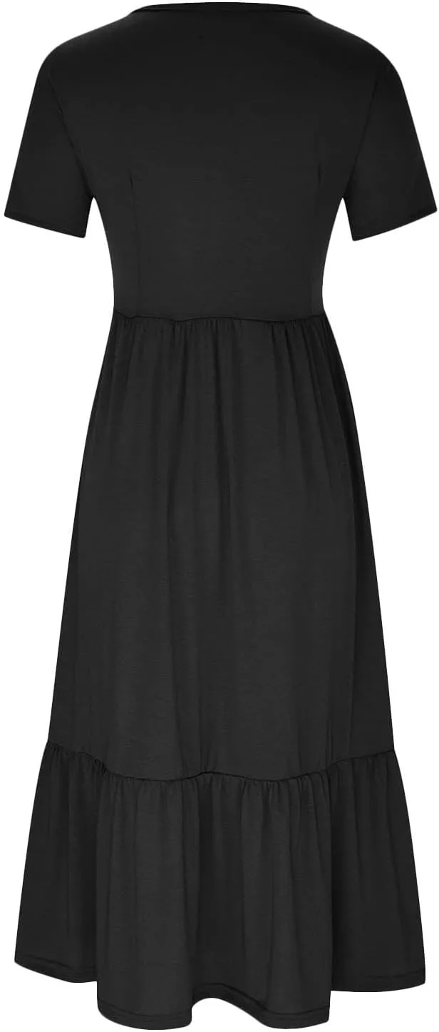 Summer Dresses for Women 2025 Short Sleeve Crewneck Dress with Pockets Ruffle Hem Dress Flowy Tiered Maxi Beach Dress