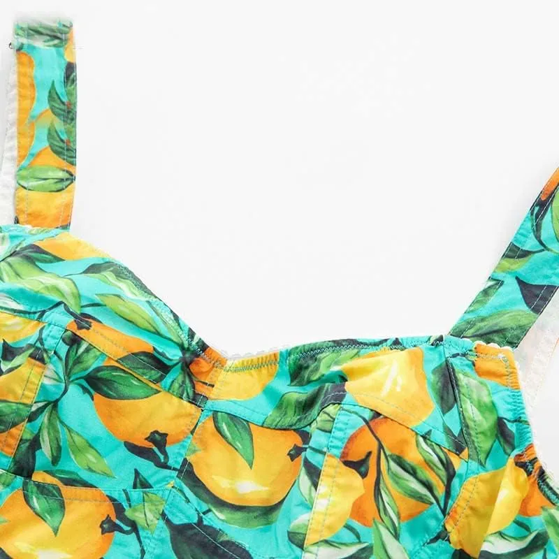Summer Vacation Cotton Runway Skirts Suit Women Short Spaghetti Strap Top And Lemon Print Skirts 2 Pieces Set