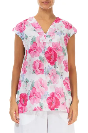 V-Neck Peony Blossom Linen Blouse