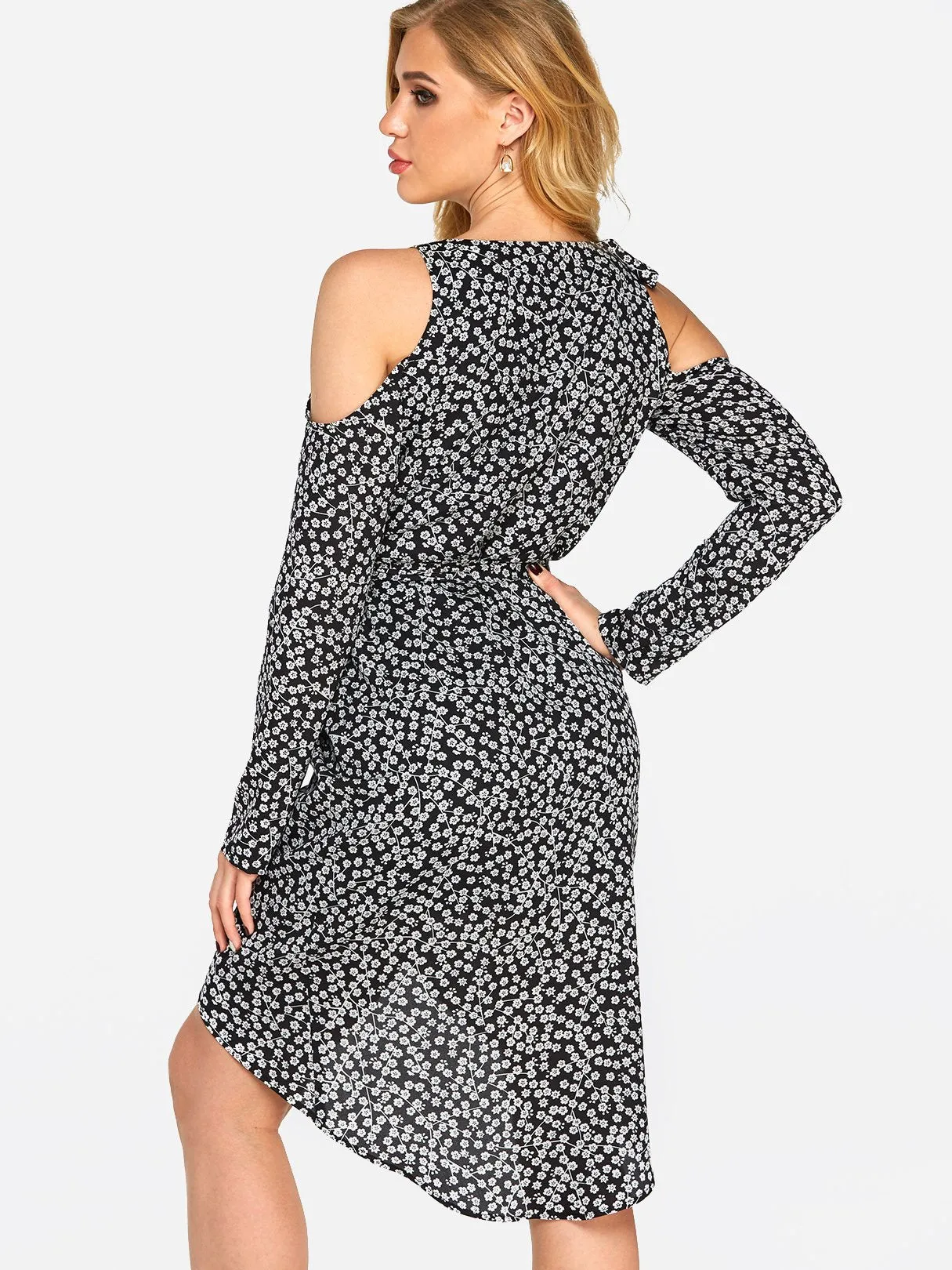 Wholesale Black V-Neck Cold Shoulder Long Sleeve Floral Print Self-Tie Wrap Slit Curved Hem Dresses