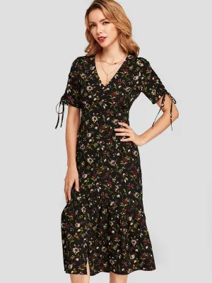 Wholesale Black V-Neck Short Sleeve Floral Print Self-Tie Flounced Hem Dresses