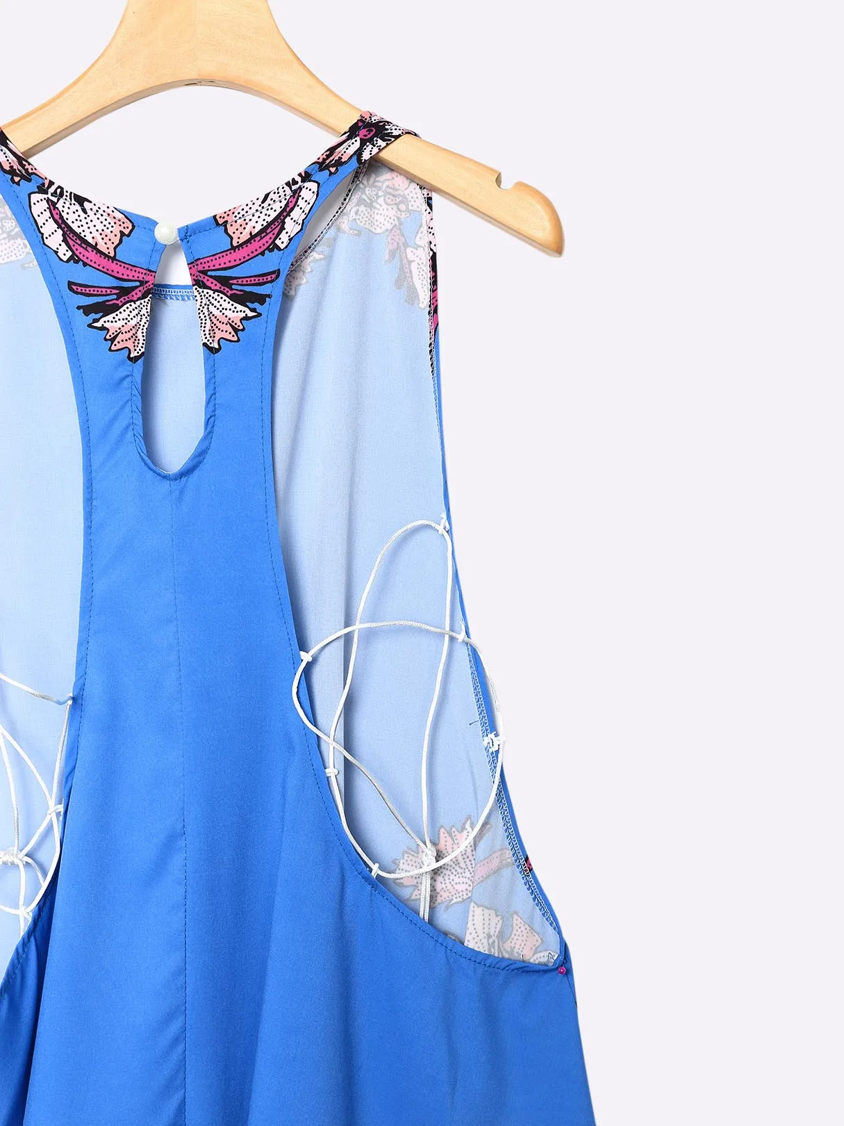 Wholesale Blue Round Neck Sleeveless Floral Print Curved Hem Dresses