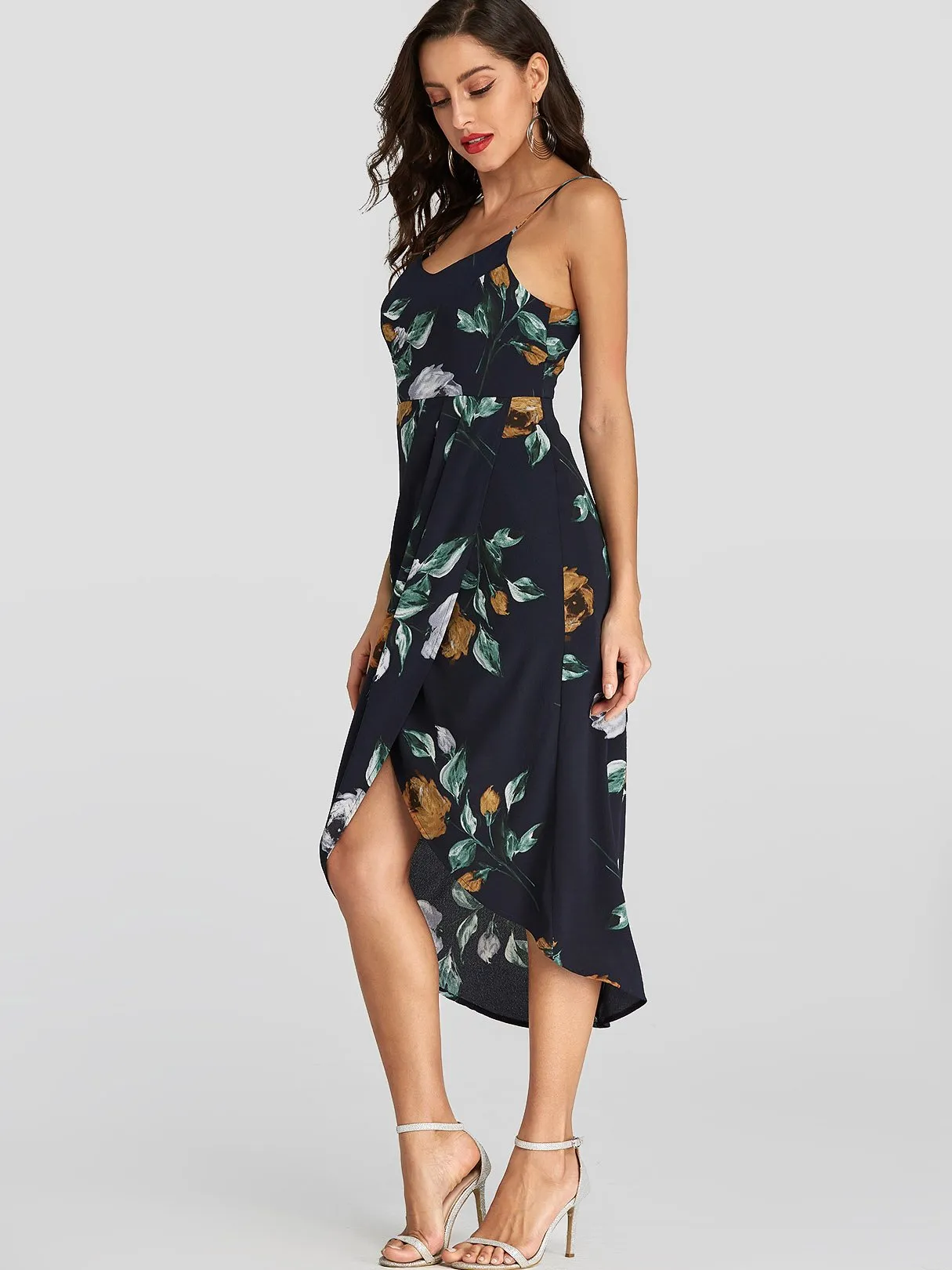 Wholesale Navy Sleeveless Floral Print Backless Irregular Hem Dresses