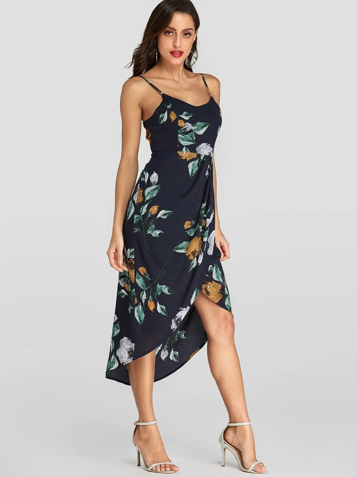 Wholesale Navy Sleeveless Floral Print Backless Irregular Hem Dresses