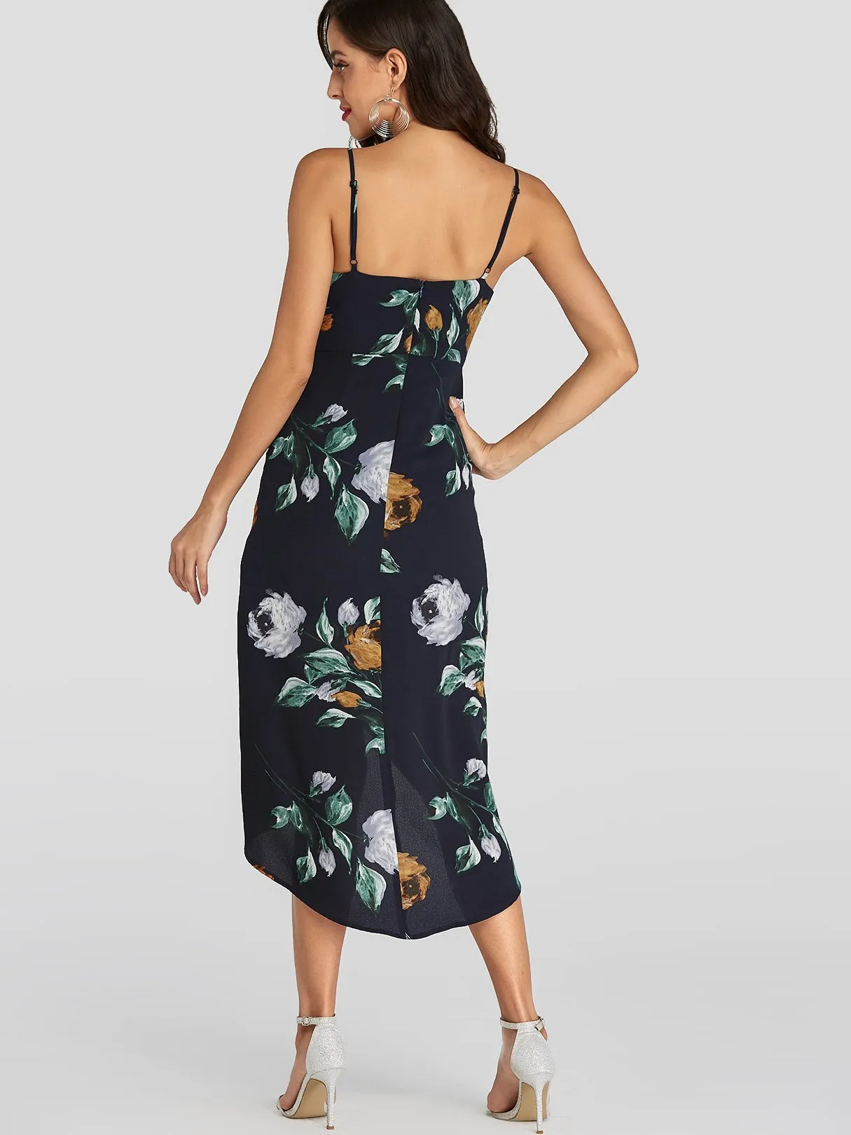 Wholesale Navy Sleeveless Floral Print Backless Irregular Hem Dresses