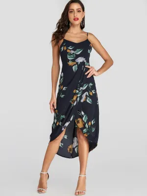 Wholesale Navy Sleeveless Floral Print Backless Irregular Hem Dresses