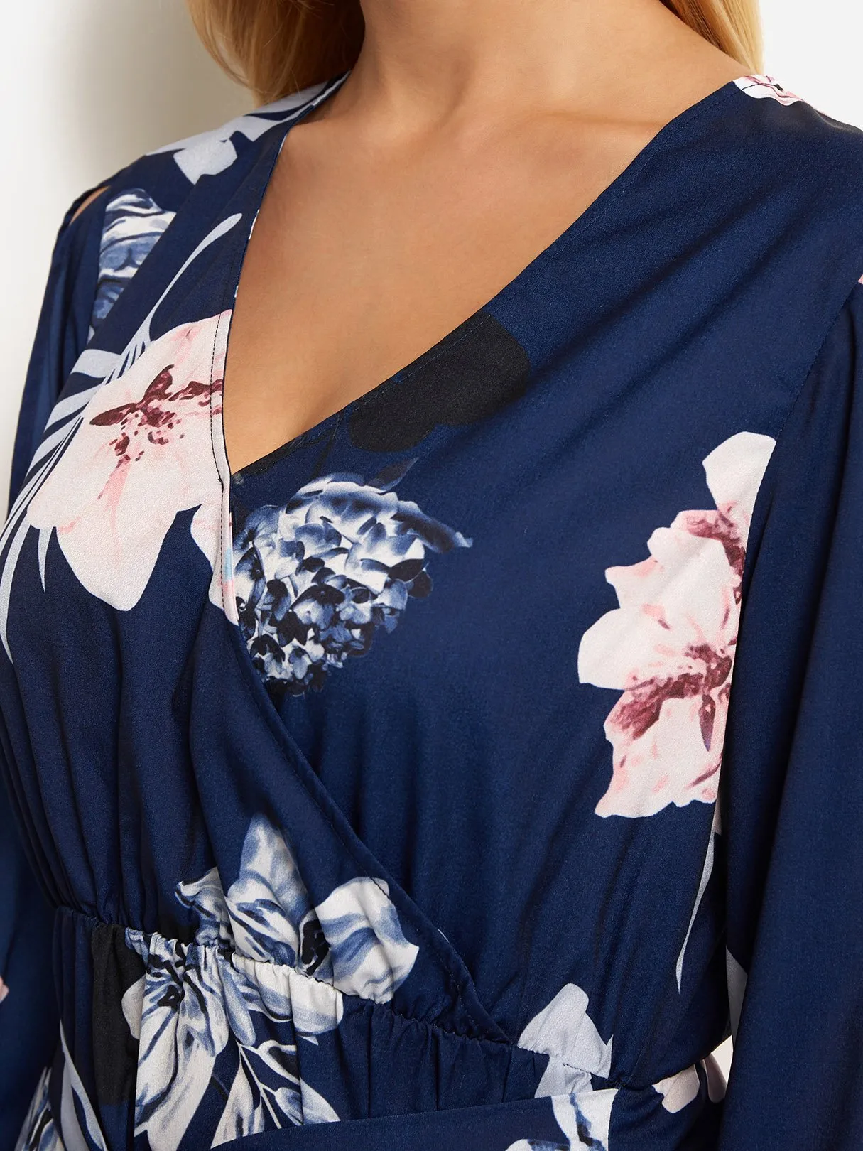 Wholesale Navy V-Neck Long Sleeve Floral Print Cut Out Self-Tie Dresses