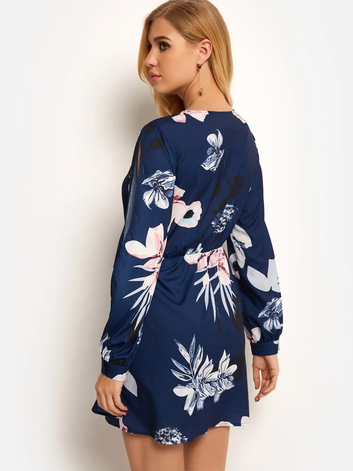 Wholesale Navy V-Neck Long Sleeve Floral Print Cut Out Self-Tie Dresses