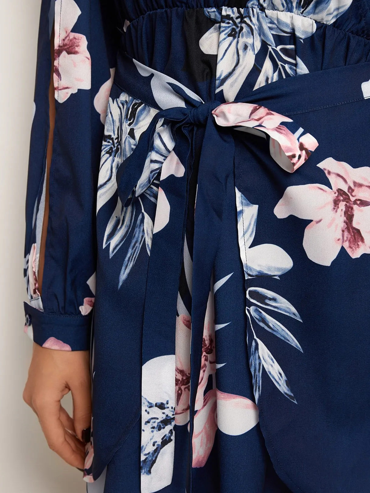Wholesale Navy V-Neck Long Sleeve Floral Print Cut Out Self-Tie Dresses