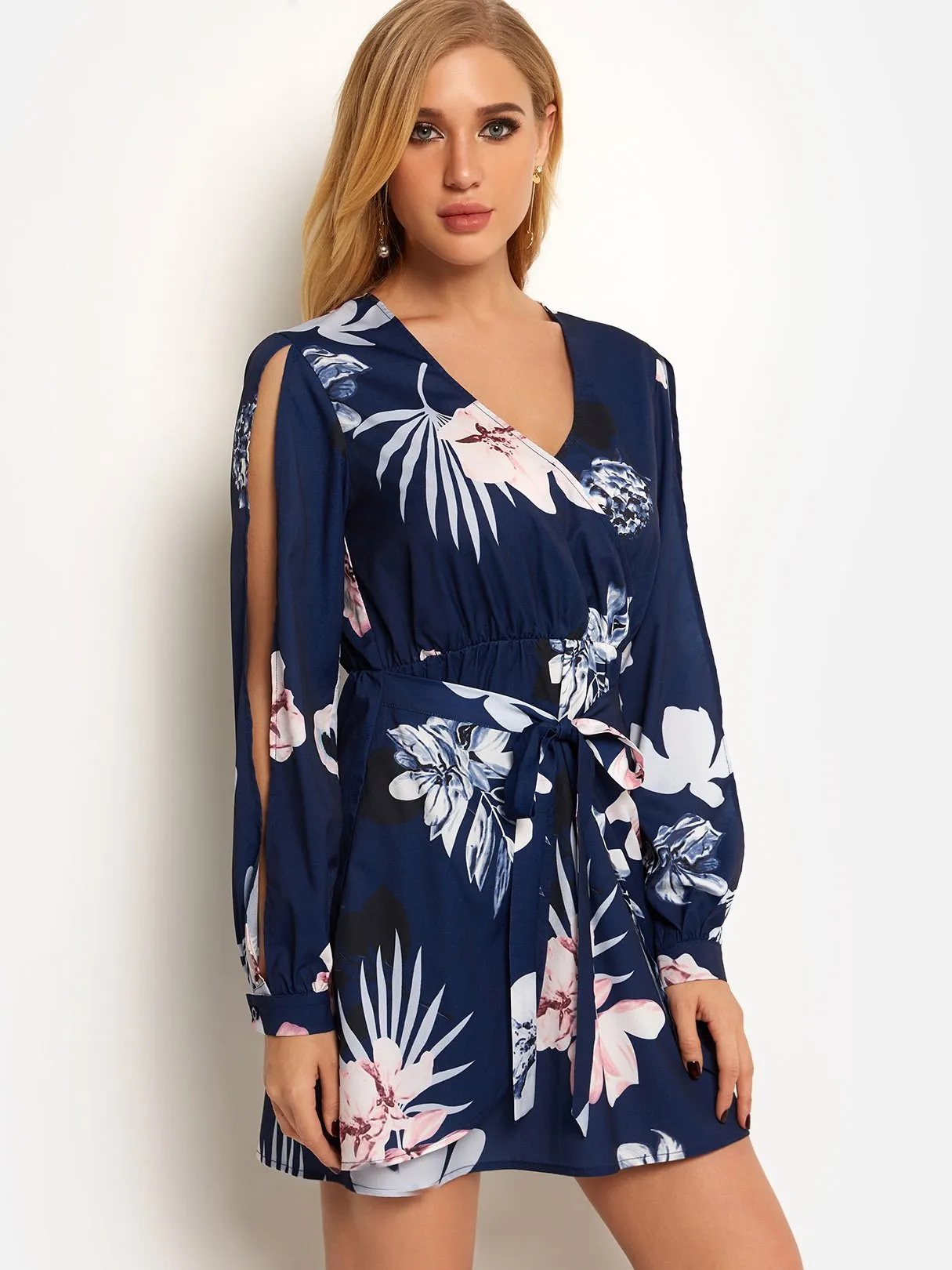 Wholesale Navy V-Neck Long Sleeve Floral Print Cut Out Self-Tie Dresses