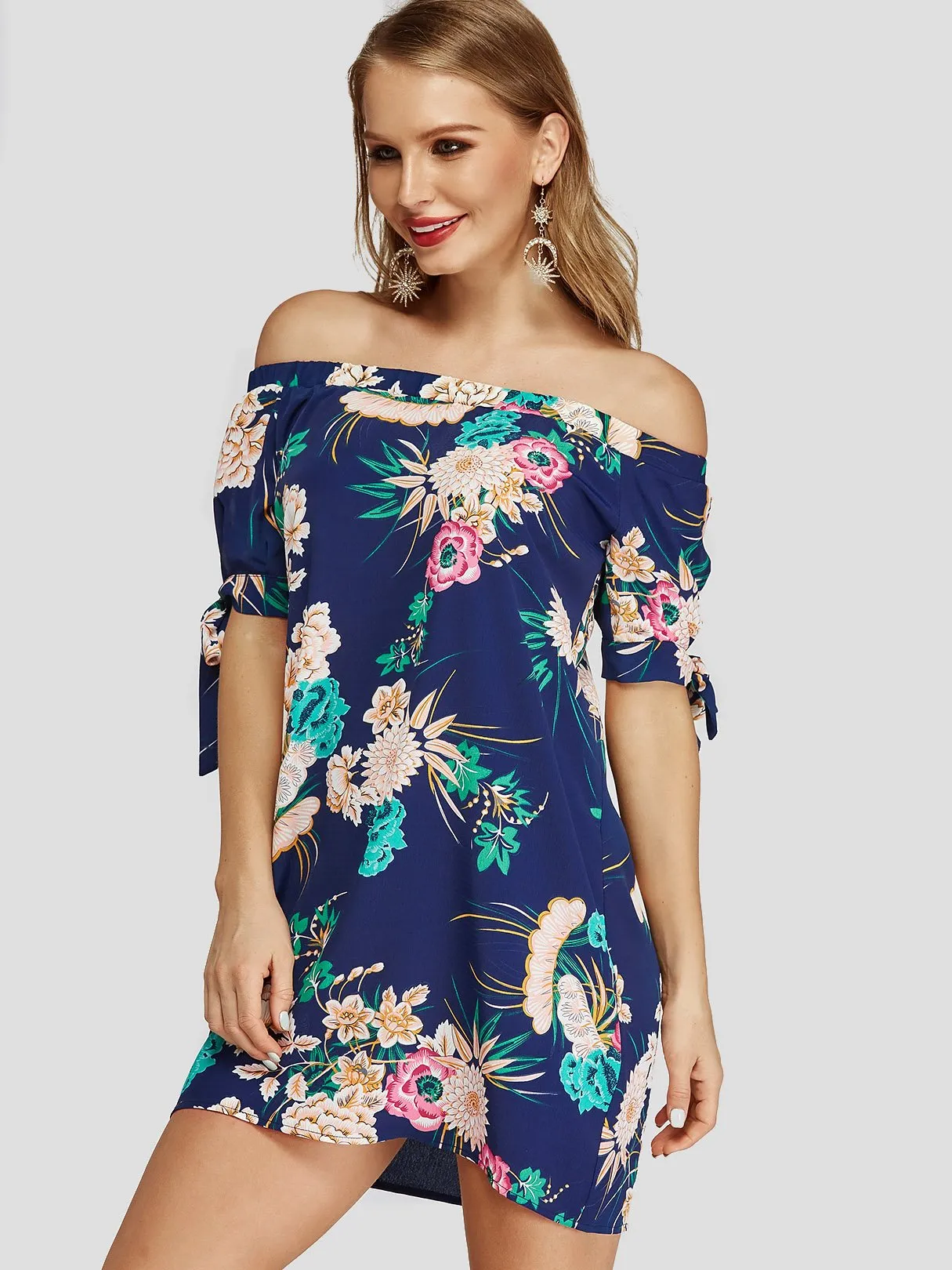 Wholesale Off The Shoulder Half Sleeve Floral Print Dress