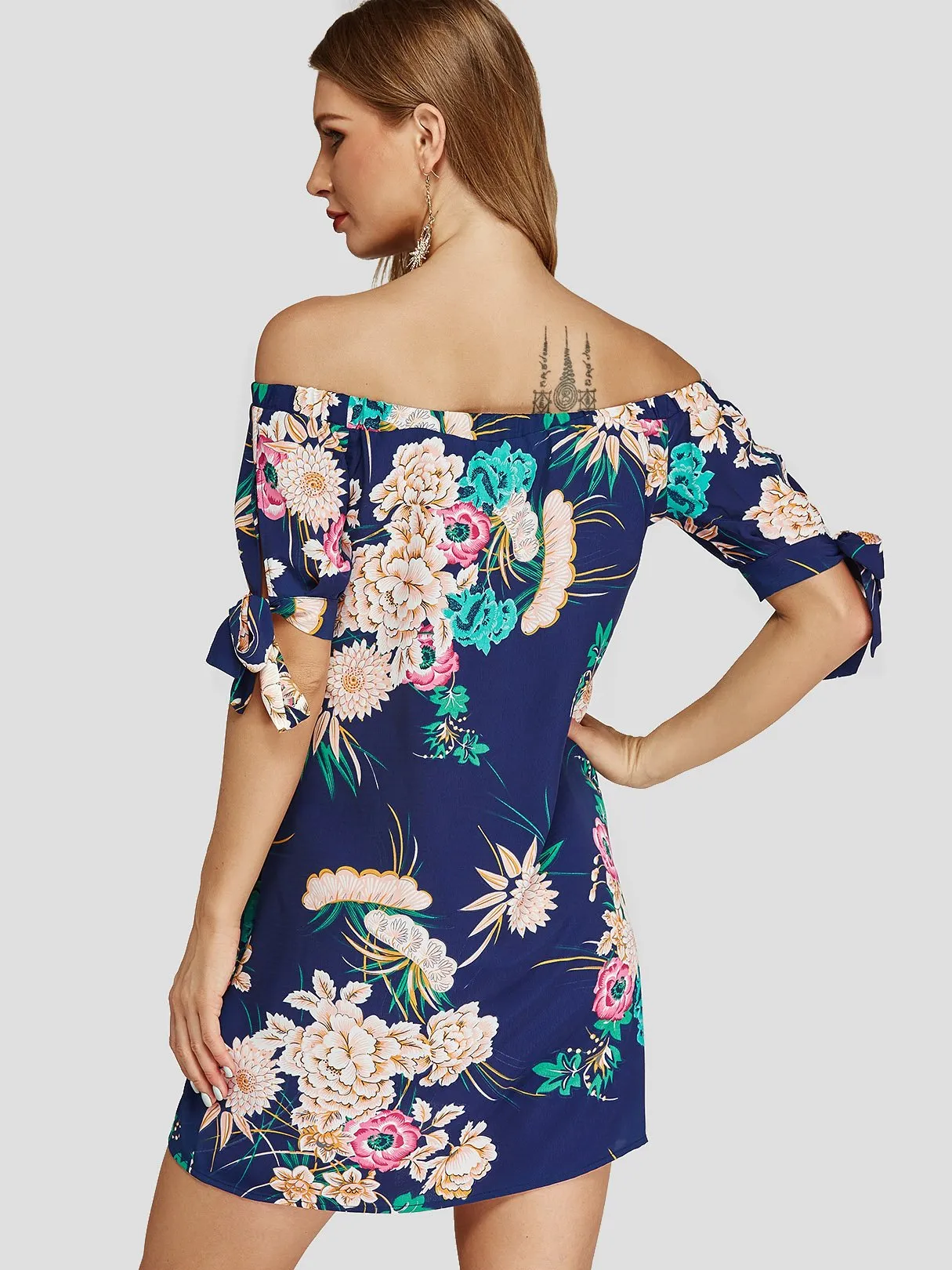Wholesale Off The Shoulder Half Sleeve Floral Print Dress