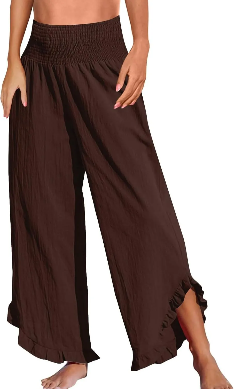 Wide Leg Linen Pants for Women Elastic High Waisted Tummy Control Ruffles Palazzo Pants Casual Summer Flowy Beach Trousers