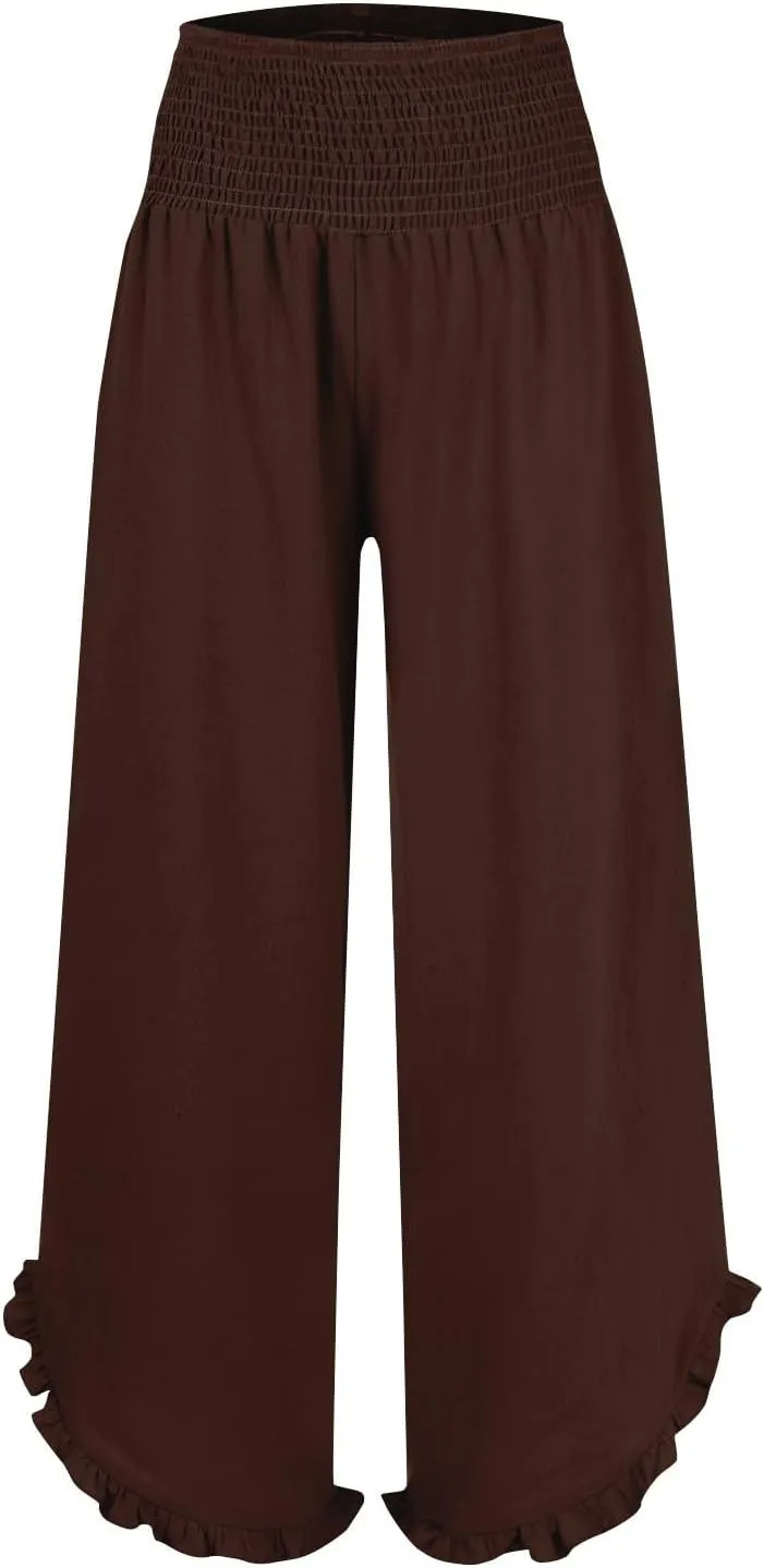 Wide Leg Linen Pants for Women Elastic High Waisted Tummy Control Ruffles Palazzo Pants Casual Summer Flowy Beach Trousers