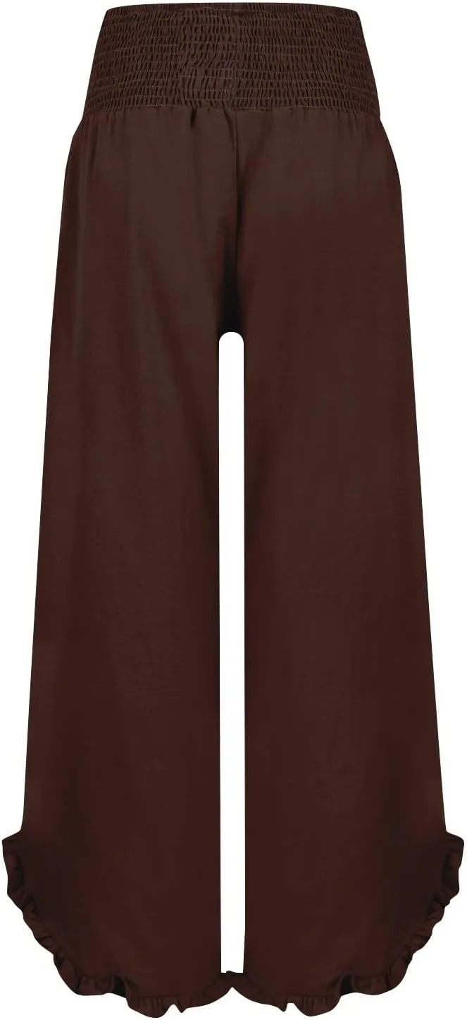 Wide Leg Linen Pants for Women Elastic High Waisted Tummy Control Ruffles Palazzo Pants Casual Summer Flowy Beach Trousers