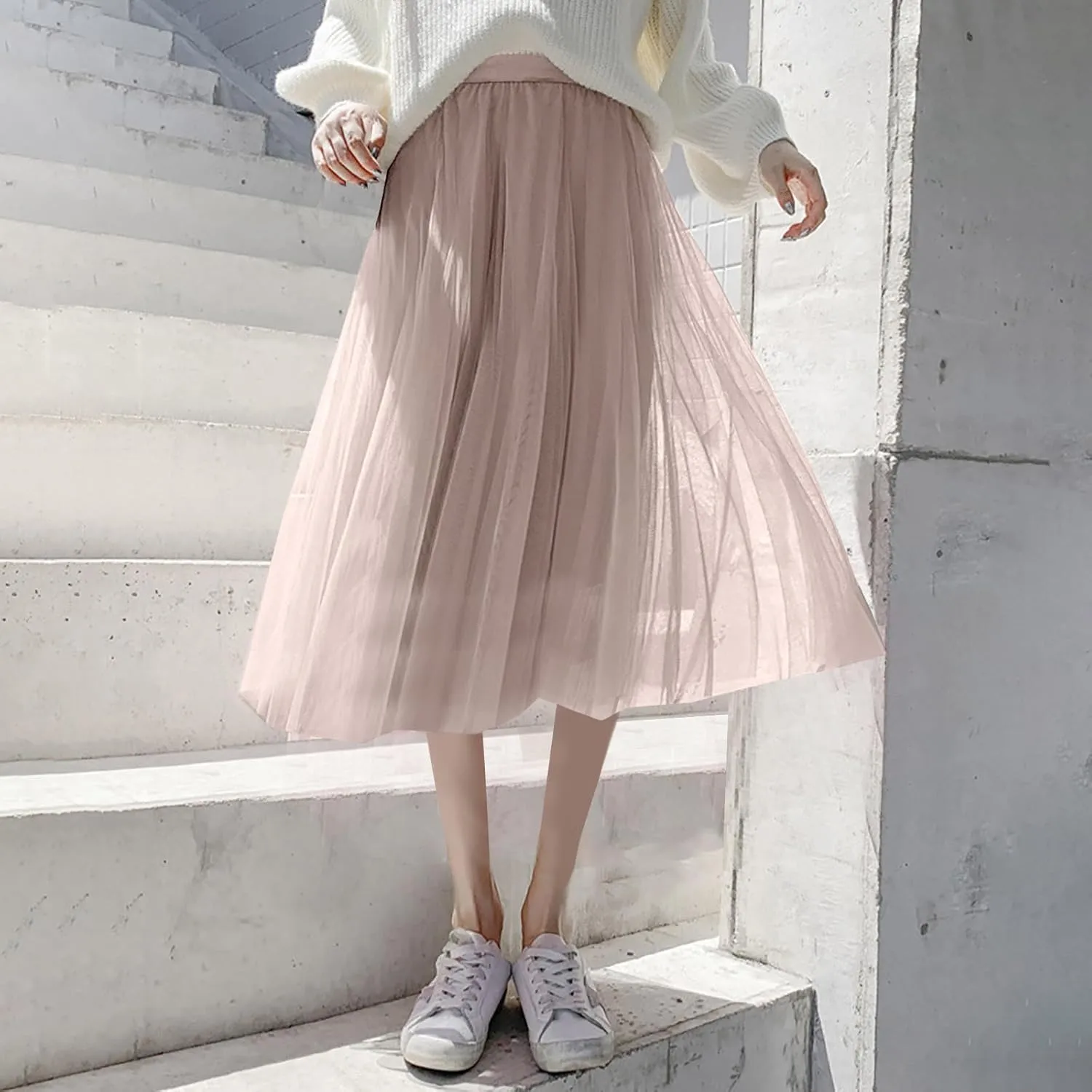 Women Flowy Tulle Swing Skirt, Elastic High Waist Tummy Control Casual A-Line Skirts Streetwear Trendy Midi Clothes