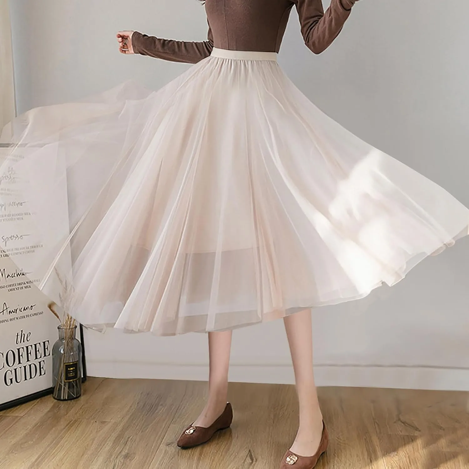 Women Flowy Tulle Swing Skirt, Elastic High Waist Tummy Control Casual A-Line Skirts Streetwear Trendy Midi Clothes
