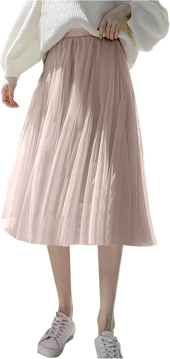 Women Flowy Tulle Swing Skirt, Elastic High Waist Tummy Control Casual A-Line Skirts Streetwear Trendy Midi Clothes